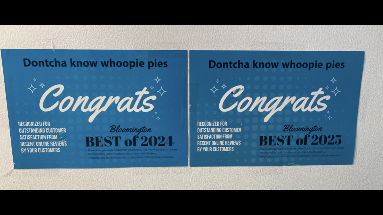 Bloomington Best of 2024 and Best of 2025 awards for Dontcha Know Whoopie Pies